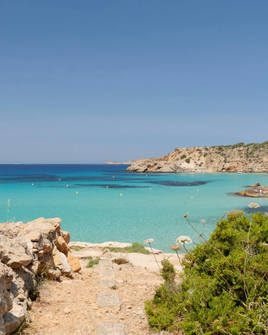 Vista elevada de una cala de Ibiza, con agua turquesa muy clara sobre fondo de arena y vegetación mediterránea en primer plano.